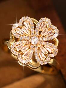 1pc Casual Lucky Four-Leaf Clover Rotatable Decompress Rings Cute Cubic Zirconia Girl Ring For Birthday Festival Daily Commute Copper Jewelry Gifts - Golden - View 6