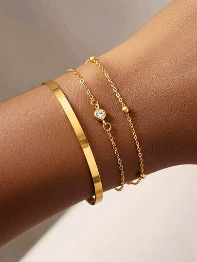 三件套精美闪亮不锈钢女士手链，时尚前卫，金色系列，百搭设计，镶嵌钻石，优雅腕饰，日常佩戴的完美之选。