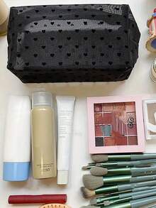 1 pezzo Borsa trucco da donna, decorazione a cuore in rete floccata, stile minimalista alla moda con cuore in rete di grande capacità, borsa trucco portatile per uso quotidiano e da viaggio - nero - Visualizzare 2