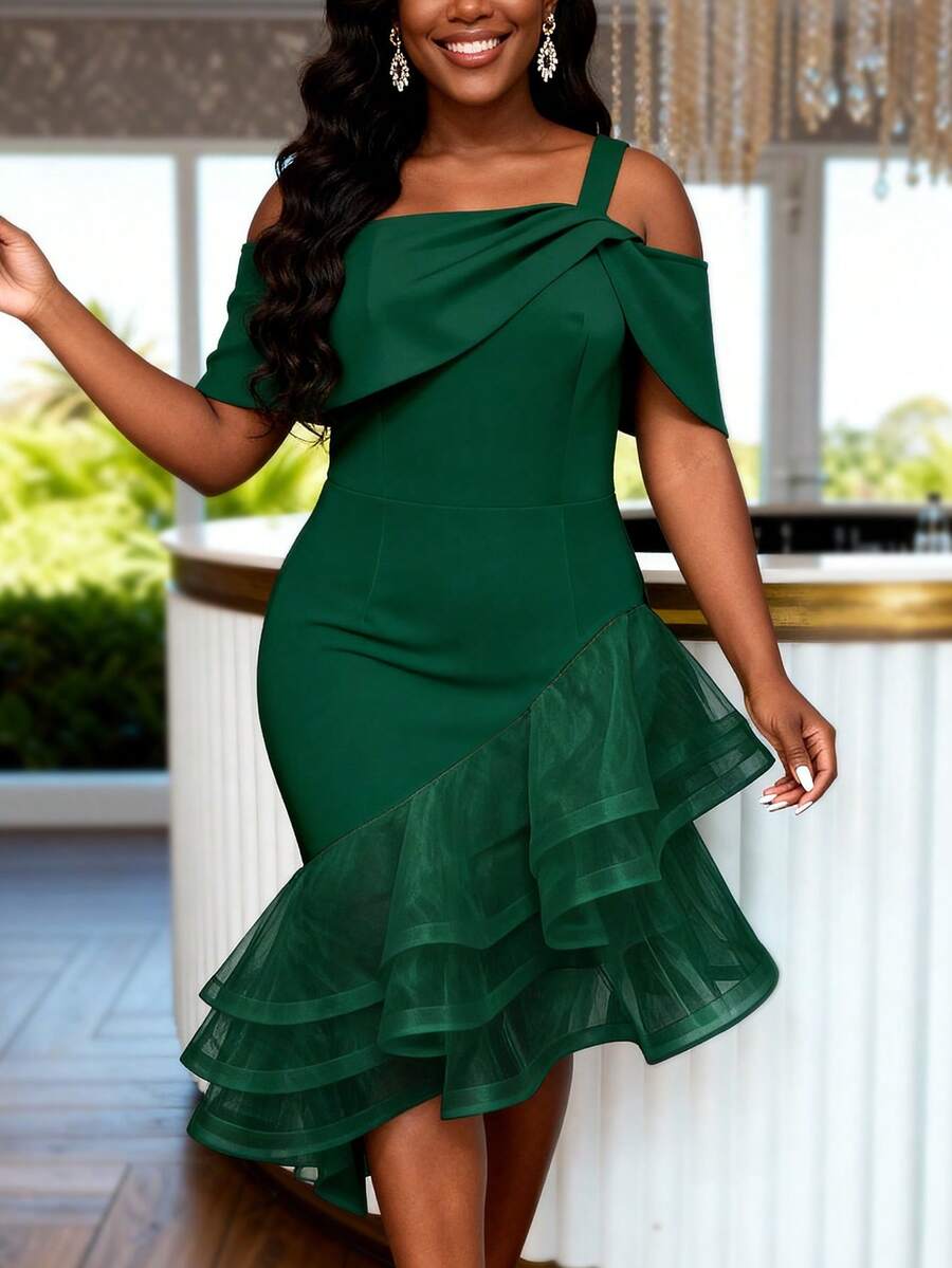 AOMEI Deep Green One-Shoulder Mini Layered Lace Mesh Bodycon Dress, Sexy Party Gown For Spring/Summer Wedding Guest - Dark Green - View 1