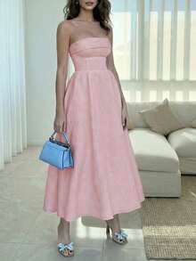 Vestido sin tirantes elegante y romántico para citas de verano Floreya, vestido ceñidor de cintura de alta gama con Charm, ajuste delgado casual, para la temporada de bodas - Rosa - Ver 2