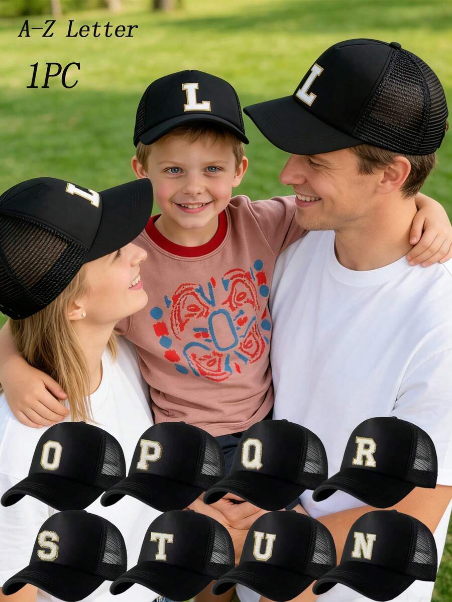 1 Piece Parent Child Mesh Letter Mesh Baseball Cap Boys Girls Outdoor Adjustable Casual Hats Boy Girl Breathable Travel Sunscreen Hat - Black - View 1