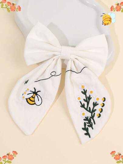 1 pieza Clip de pelo con lazo bordado de margarita blanca y abeja para niñas, diadema de tela exquisita con pinza de cocodrilo, moño casual con cola, accesorio de pelo de estilo pastoril para niñas y adolescentes, accesorio de pelo para la vida diaria