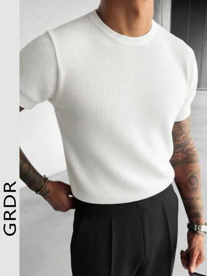  GRDR Men's Summer Classic Pineapple Pattern Knit Short Sleeve Sweater, Suitable For Summer Business Gatherings, Minimalist & Versatile