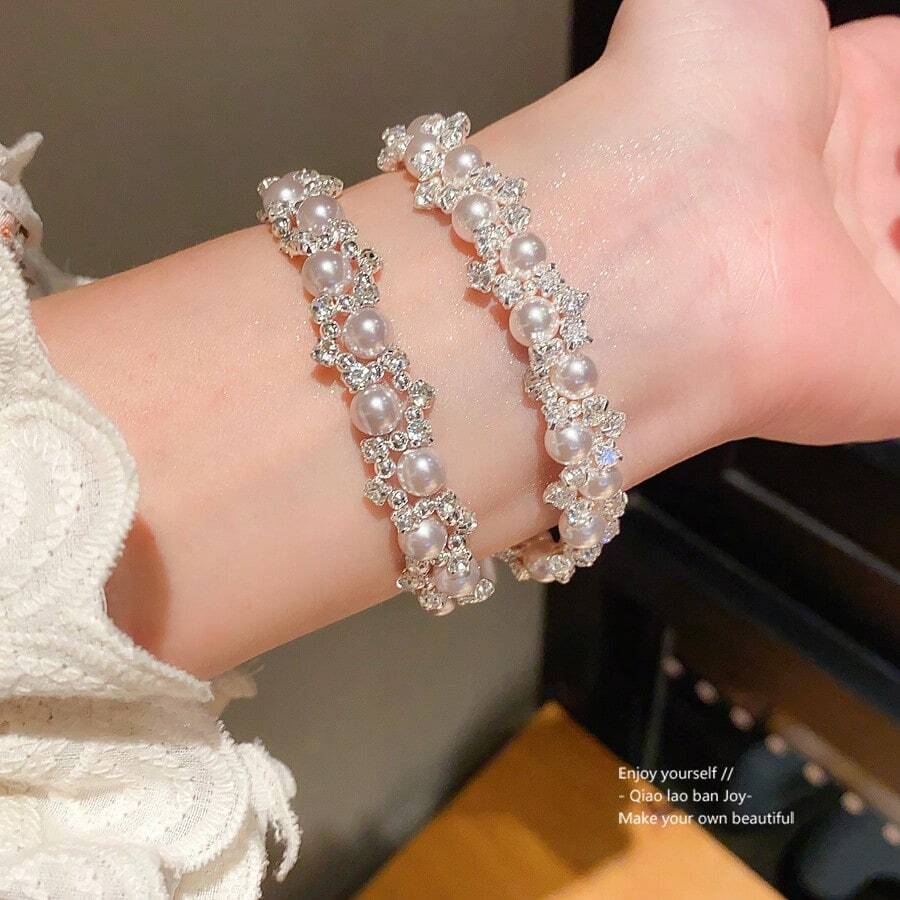 1件装女士镶钻珍珠磁扣手链，优雅百搭珠宝礼品 - 纏繞珍珠手鍊 - 查看 1