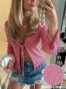 2026 Spring/Summer New Fashionable Vacation Style Sexy Tassel Design Beaded Sequin Sequins Beach Cover-Up Knit Cover Up - Hot Pink - View 1