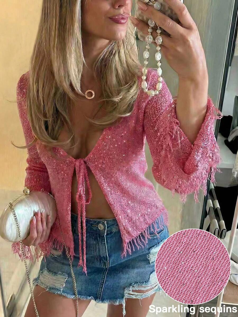 2026 Spring/Summer New Fashionable Vacation Style Sexy Tassel Design Beaded Sequin Sequins Beach Cover-Up Knit Cover Up - Hot Pink - View 1