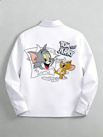 Strevion OBM Men X TOM & JERRY Camisa de manga larga holgada y casual para hombres con estampado gráfico minimalista de Tom y Jerry, gato y ratón, adecuada para otoño y verano