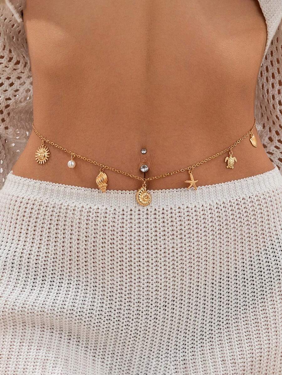 1件时尚海洋主题金属腰链，饰有贝壳、海螺、海星、海龟和太阳吊坠，是女士休闲度假的完美配饰。 - 金色 - 查看 1