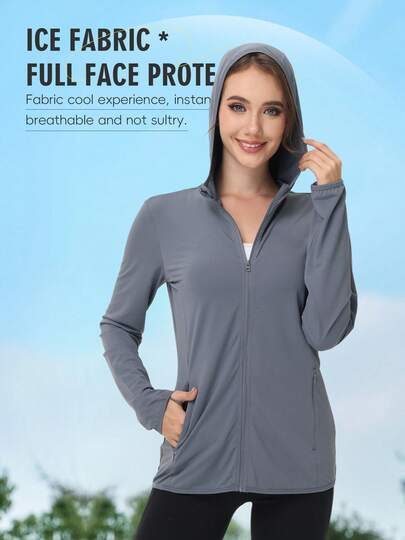 Women's Lightweight Spring/Summer Sports Jacket, Solid Color Elastic Casual Hooded Jacket Suitable For Outdoor Activities, Hiking, Beach, Everyday Wear