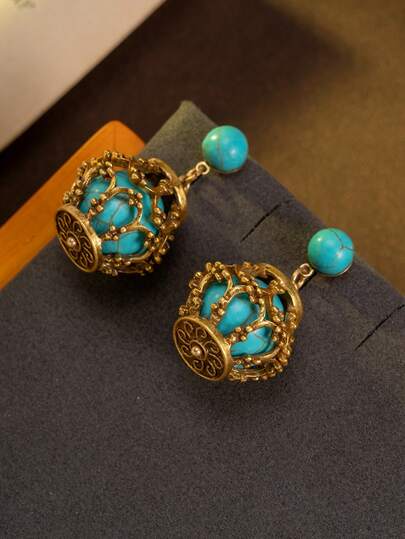 A Pair Of Vintage, Delicate And Solemn Synthetic Lapis Lazuli Small Round Bead Inlaid Hollow 3D Earrings Suitable For Women To Wear Daily, At Parties Or Banquets, Accessories, Gifts For Female Friends, Or Ramadan Gifts
