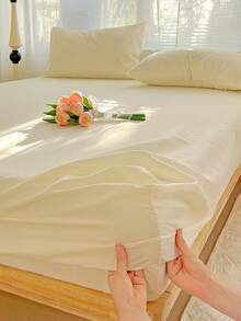 3pcs Soft Solid Color Bedsheet & Pillowcase Set, Lightweight Bedding, Cheese Yellow Mattress Cover, Deep Pocket Sheets, Breathable, Suitable For Single, Double, Queen, King Size Beds, All Seasons, Machine Washable (1 Bedsheet, 2 Pillowcases) - Cheese Yellow - View 6