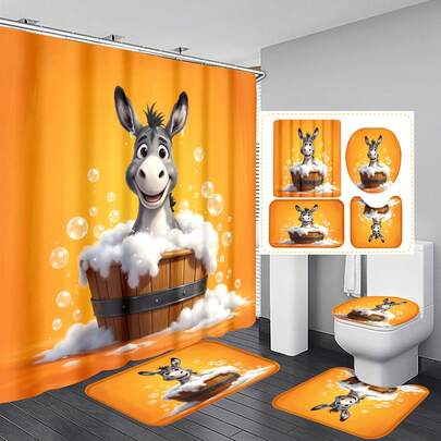1件/3件/4件套驴子浴缸橙色多功能浴室装饰浴帘套装，赠送12个挂钩，营造优雅假日氛围，包含浴室地垫、U型地垫和圆形马桶垫，适用于各种浴室场景。