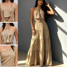 女士夏季沙滩度假连体系带露脐上衣和多层长裙两件套 - 卡其色 - 查看 2