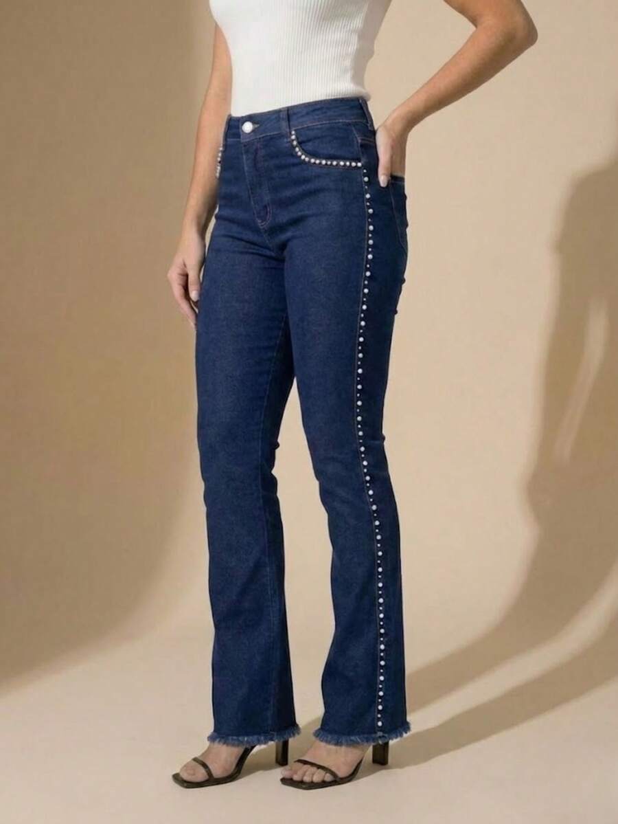 pthirillo Women's Dark Blue Flare Jeans With Butt-Lifting, High Waist, And Rhinestone Detail - Premium Rhinestone Jeans - 側面的珍珠和水鑽 - 查看 1