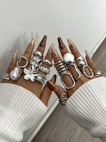 6-22pcs/Set Vintage Chunky Asymmetrical Floral Rings Set, Women Daily Wear, Date, Party Gift - Silver - View 5
