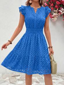 PRETTYGARDEN Women's Summer Dresses Eyelet Cap Sleeve V Neck Short Boho Wedding Guest Graduation Dress Beach Vacation Sundresses Blue Dresses For Women - 藍色 - 查看 1
