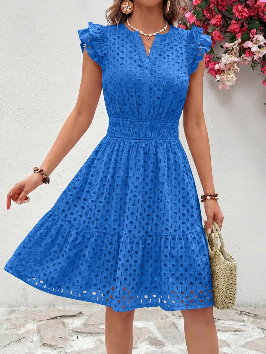 PRETTYGARDEN Women's Summer Dresses Eyelet Cap Sleeve V Neck Short Boho Wedding Guest Graduation Dress Beach Vacation Sundresses Blue Dresses For Women - 藍色 - 查看 1