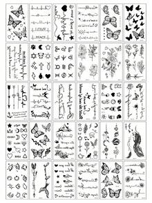 30件黑色藝術紋身貼紙，包含愛心、蝴蝶、字母、植物及其他小圖案貼紙，防水耐用，適合男女日常配戴、約會、旅行等場合，可貼於手指、鎖骨、手臂、頸部等身體部位 - 黑色 - 查看 7