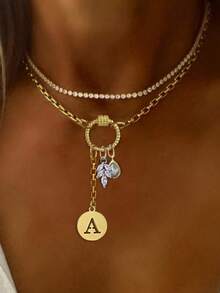 1件金色字母项链，银叶钻石吊坠链，时尚优雅多吊坠项链，独特奢华女士项链 - 金黃色 - 查看 1