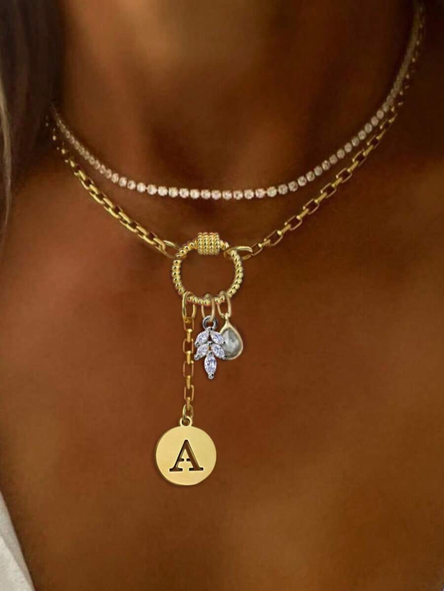 1件金色字母项链，银叶钻石吊坠链，时尚优雅多吊坠项链，独特奢华女士项链 - 金黃色 - 查看 1