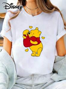 The Disney Winnie The Pooh Print Cotton Short Sleeve Round Neck T-Shirt For Women Is A Casual Style Perfect For Taking Photos At Disneyland, As A Travel Souvenir, For Everyday Wear, Or For Matching Family Outfits. It Also Makes An Ideal Valentine's Day Gift For Friends And Family. This Women's Clothing Is A New Spring Style, Comfortable And Skin-Friendly, Suitable For Outdoor Wear. - White - View 1