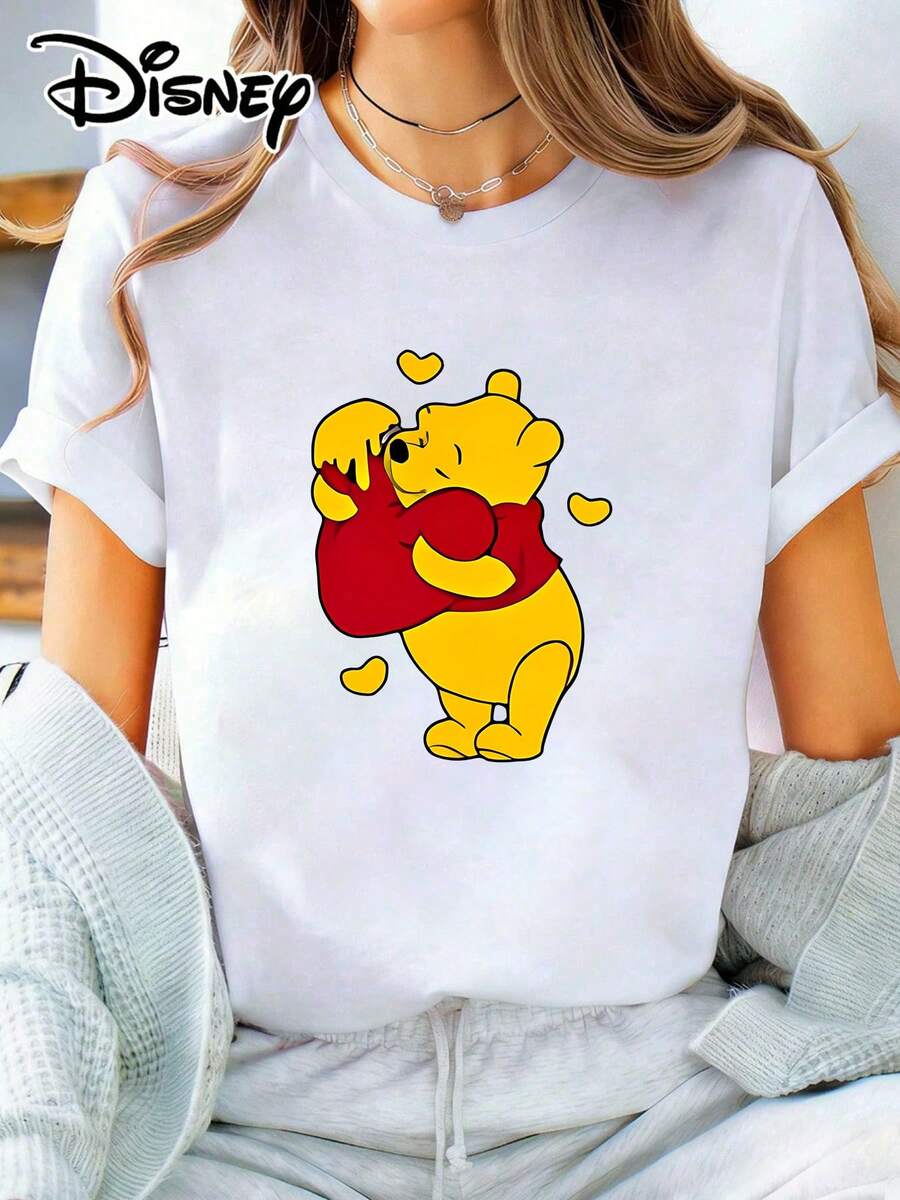 The Disney Winnie The Pooh Print Cotton Short Sleeve Round Neck T-Shirt For Women Is A Casual Style Perfect For Taking Photos At Disneyland, As A Travel Souvenir, For Everyday Wear, Or For Matching Family Outfits. It Also Makes An Ideal Valentine's Day Gift For Friends And Family. This Women's Clothing Is A New Spring Style, Comfortable And Skin-Friendly, Suitable For Outdoor Wear. - White - View 1