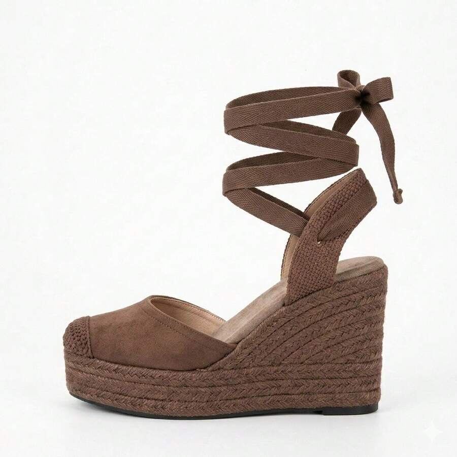 Platform Sandals With Long Laces And Closed Toe - Brown - View 1