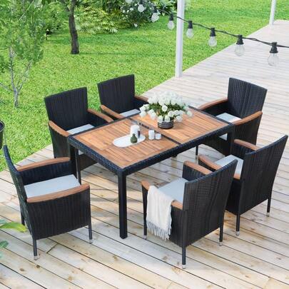 Panana 6 Seater Rattan Dining Set Garden Table And Stackable Chairs With Acacia Wood Table Top And Cushions All-Weather Patio Furniture For Conservatory Outdoorrll