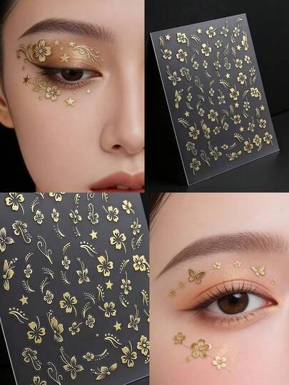 1张金色箔片花卉脸部贴纸，复古闪光花朵装饰贴纸，适用于舞台表演、摄影妆容，自带背胶，易于粘贴