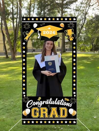 1pc-2026 Graduation Decorations Graduation Party Photo Props Congratulatory Graduation Backdrops Indoor & Outdoor Celebration Hanging Decorations 2026 High School & College Graduation Party Decorations (Black & Gold)
