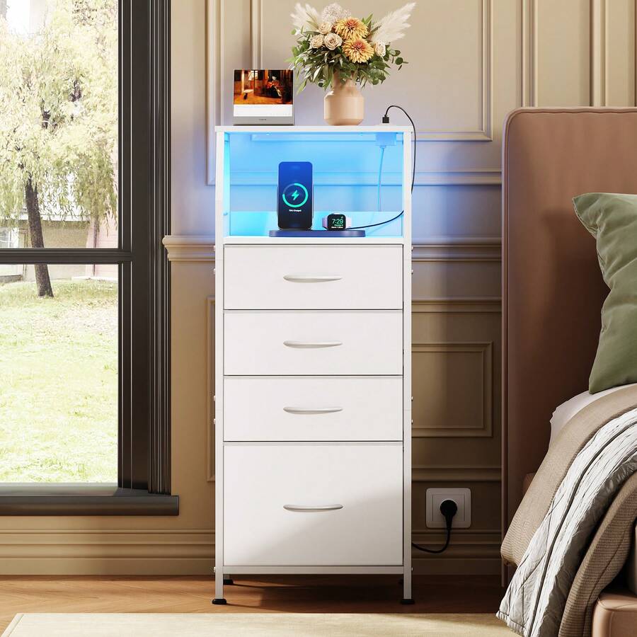 Tall 4-Drawer Bedside Table With Charging Station & LED Light, Fabric Storage Bins, Open Wood Shelf Modern Nightstand, - Xem 1