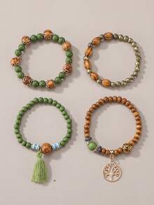 4pcs/Set Bohemian Style Tassel Tree Of Life Pendant Multi-Layer Wooden Bead Necklace Bracelet - Green - View 3