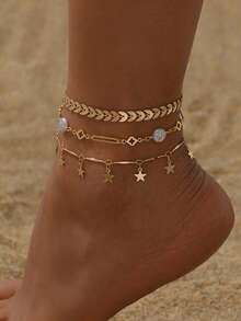 Set de 3 piezas de tobillera de tono dorado de moda multicapa, con decoración de colgante de estrella y borla, conjunto de joyas para mujer para fiestas en la playa, adecuado para uso diario y vacaciones en la playa - Dorado - Ver 1
