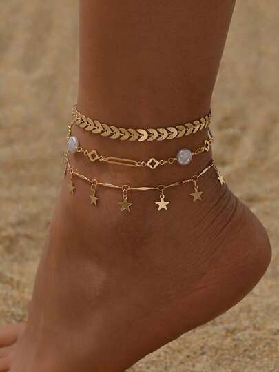 3pcs/Set Fashionable Multi-Layer Gold Tone Anklet, Charm Star Tassel Decor Women Beach Party Jewelry Set, Suitable For Daily Gathering, Beach Holiday Wear