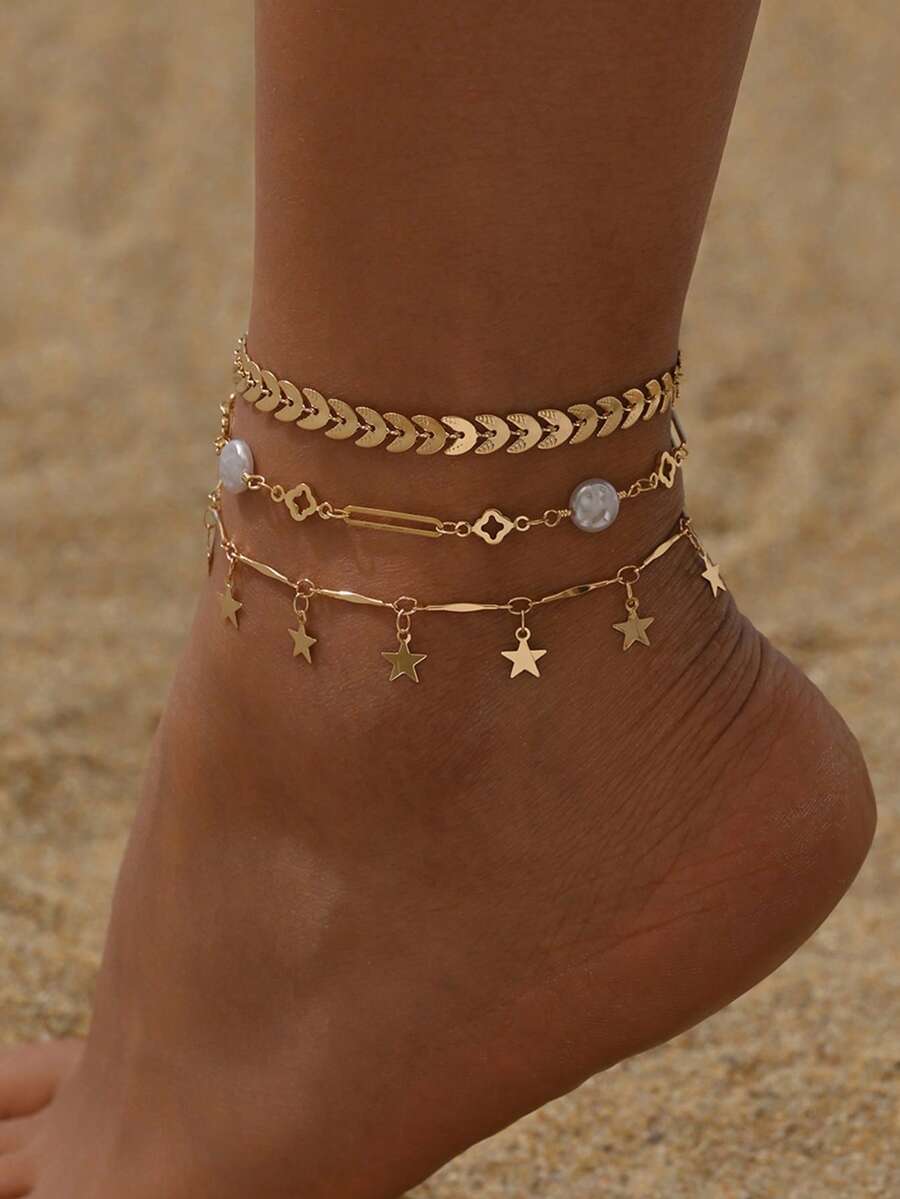 Set de 3 piezas de tobillera de tono dorado de moda multicapa, con decoración de colgante de estrella y borla, conjunto de joyas para mujer para fiestas en la playa, adecuado para uso diario y vacaciones en la playa - Dorado - Ver 1