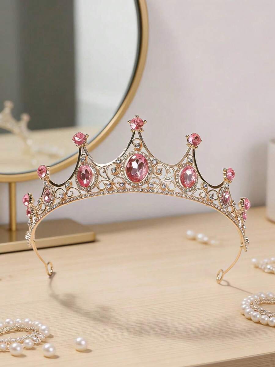 1pc Women's Fashion Princess Crown Rhinestone Headband, Sweet Birthday Hair Accessory - 4168 Pink - View 1