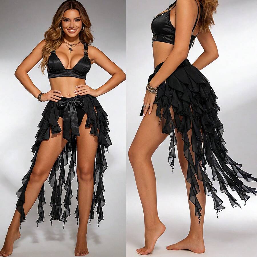 1pc Women's Belly Dance Waist Chain Skirt With Tassel Ruffle Hem