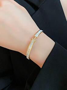 1pc Stainless Steel Gold-Plated Zirconia Letter Bangle Bracelet, Luxury Elegant Commuting Accessory, New Fashionable Jewelry - H Shell Bracelet - View 1