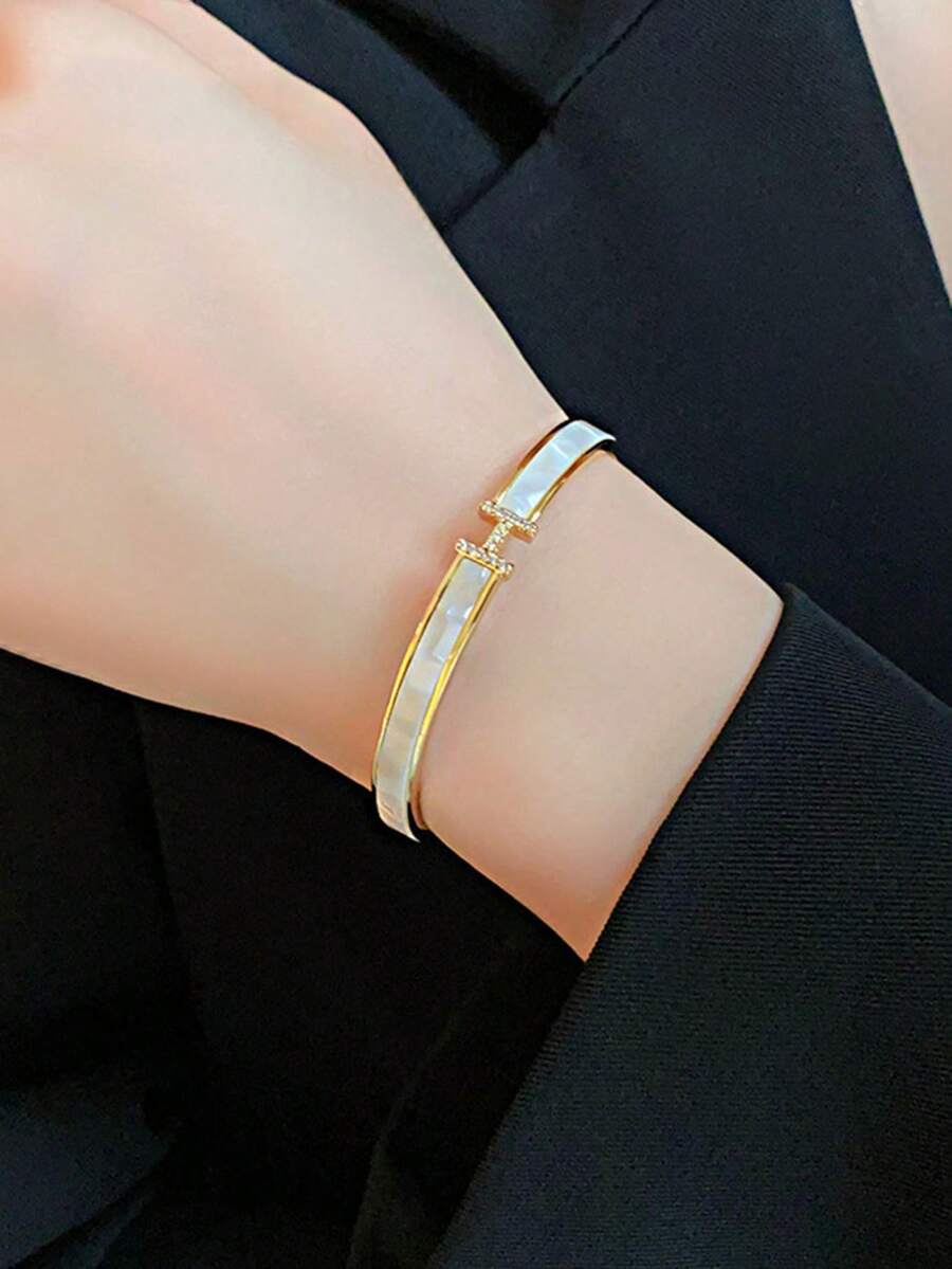 1pc Stainless Steel Gold-Plated Zirconia Letter Bangle Bracelet, Luxury Elegant Commuting Accessory, New Fashionable Jewelry - H Shell Bracelet - View 1
