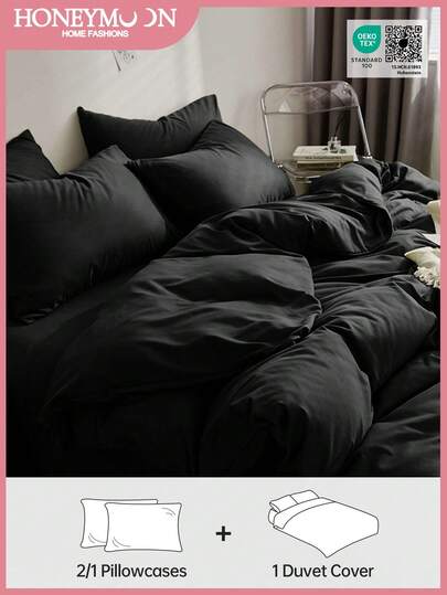 Honeymoon Duvet Cover Set (2pcs=1 Duvet Cover+1 Pillowcase; 3pcs=1 Duvet Cover+2pcs Pillowcases)-Polyester Brushed Plain Fabric, Pillowcase Without Filler(No Comforter), Soft And Breathable, Wrinkle Resistant-T F Q K Size For Home And Dorm, Oeko-Tex Certified, Black