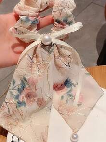 1/2pcs Chinese Style Embroidered Floral Bow Ribbon Hair Scrunchies, Elegant Elegant Youthful Ponytail Hair Accessories - Multicolor - View 4