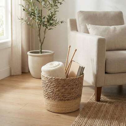 1pc Handwoven Nordic Dual-Tone Seagrass Plant Basket, Sturdy 3D Woven Storage Planter Cover, Suitable For Living Room, Bedroom, Office And Home Decor