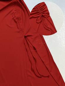 ChicMe Sleeveless Ribbed Bodycon Dress With Drawstring, Side Slit Ruffle Hem Casual Dress, U-Neck Camisole Dress For Daily, Date, Party Summer Elegant Red - Red - View 8
