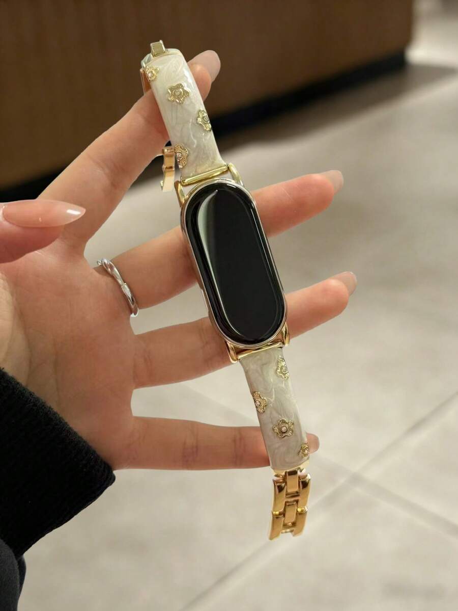 1条女士夏季度假风山茶花镀金金属表带，兼容小米手环8 Pro/9 Pro、小米手环3/4/5/6/7、8/8 NFC/9/9 NFC/10/10 NFC、Watch4/Watch5