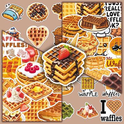 50pcs Belgian Dessert Cartoon Food Waffle Doodle Creative Fun Decorative Stickers For Skateboard, Storage Box
