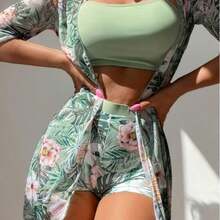 Free-Ship-[Fashion Tankini] Floral Fashion Tankini Split Swimsuit For Women | European And American Style, Covering The Belly To Show Off Thinness - 綠色 - 查看 2