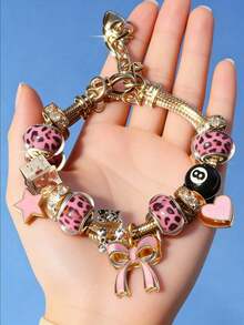 1pc Women's Adjustable Everyday Bracelet With Gold Rhinestone Butterfly, Heart & Lollipop Beaded Decor - Blue Ocean - View 2
