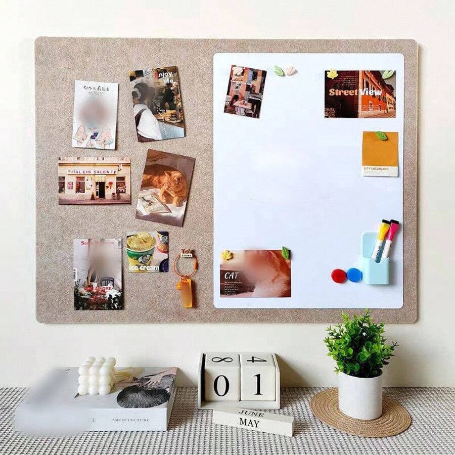 1 pieza Pegatina de pared de fieltro de 2 colores, sin necesidad de perforar, pizarra de fieltro de doble uso, pared de fotos, pizarra de mensajes, vinilo de pizarra blanca para decoración de pared - multicolor - Ver 1