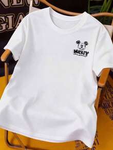 Disney New Casual Crew Neck Men's Short-Sleeved Shirt Features A Creative Hand-Painted Mickey Mouse Print. It's A Preppy Style Couple's T-Shirt, Made Of 100% Pure Cotton, Comfortable And Soft, Suitable For Everyday Wear, Outings, Parties, And Commuting. - White - View 2